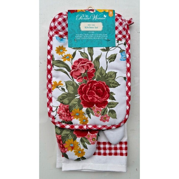 Pioneer Woman Sweet Rose 3-Piece Kitchen Set: Kitchen Towel, Oven Mitt & Pot Hol - Picture 6 of 9